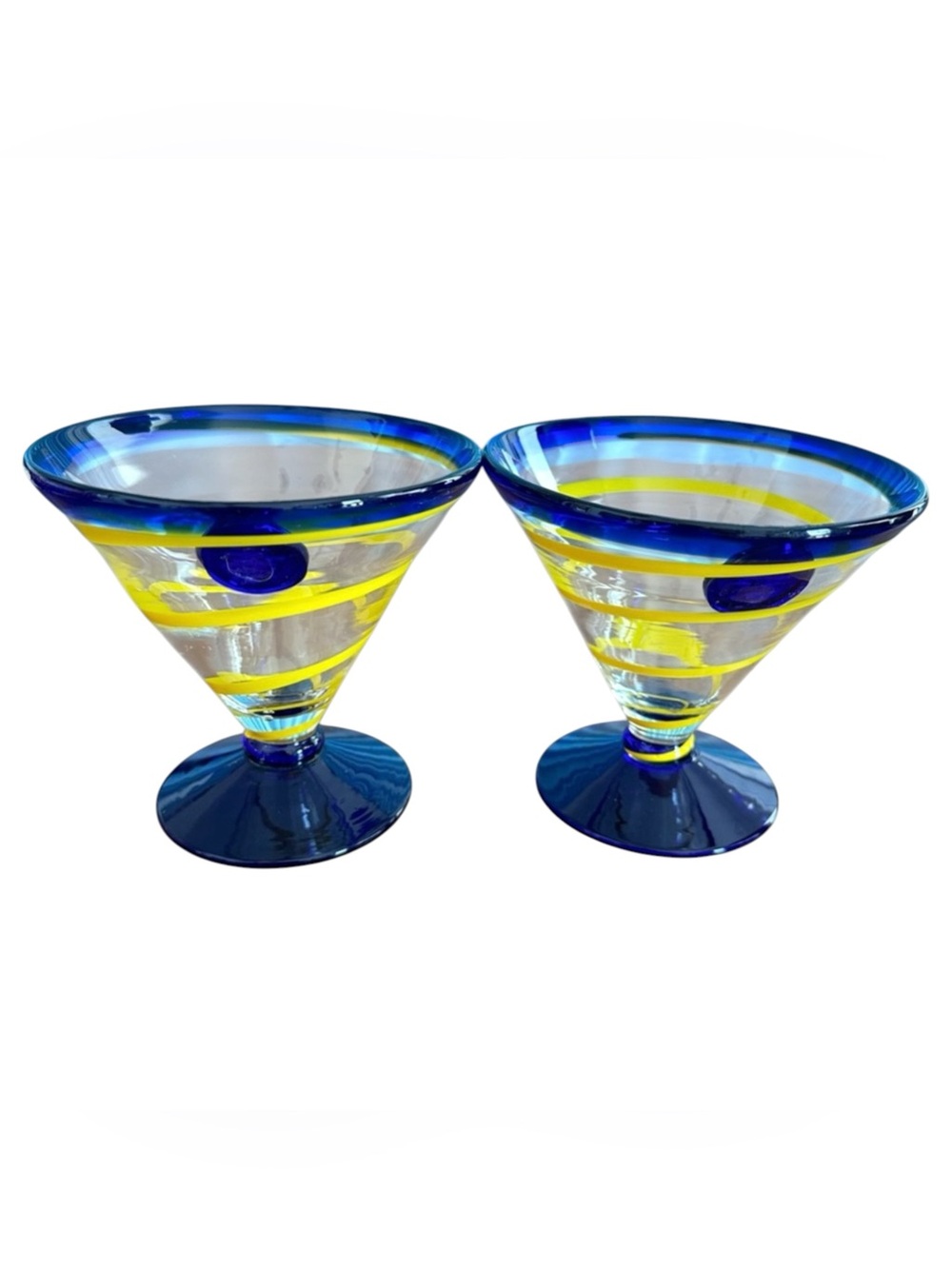 Kosta Boda Swedish Art Glass Martini Glasses Blue Yellow Swirl Handblown Set/2